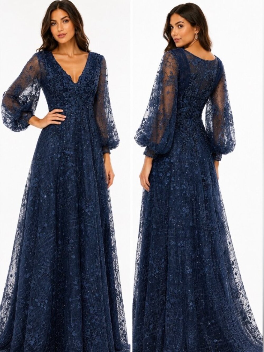 Mac Duggal Embellished Plunge Neck Puff Sleeve A-Line Gown (Style G1898)